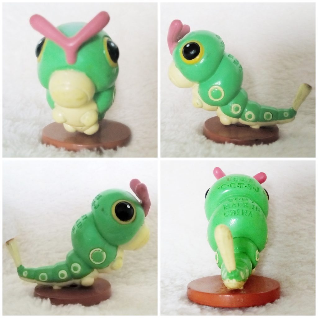 A front, left, right and back view of the Pokémon Tomy figure Caterpie