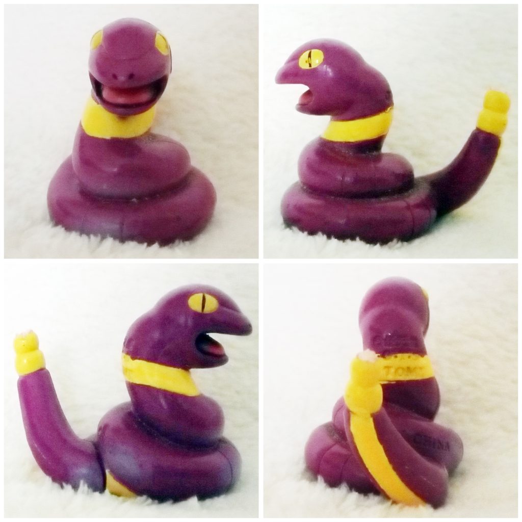 A front, left, right and back view of the Pokémon Tomy figure Ekans