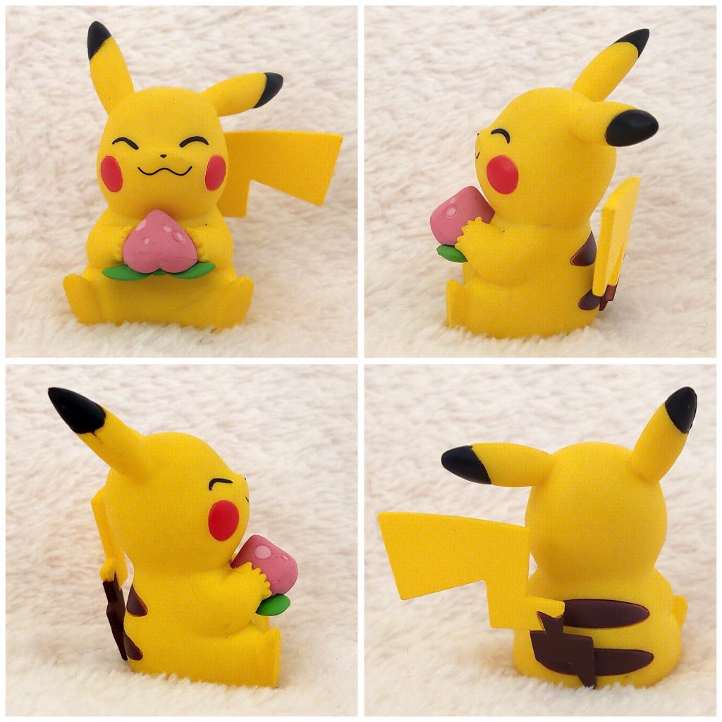 A front, left, right and back view of the Pokémon Tomy figure Pikachu with Pecha Berry