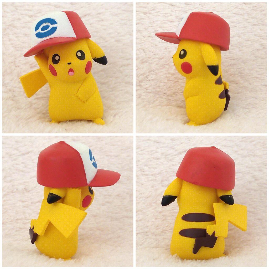 A front, left, right and back view of the Pokémon Tomy figure Pikachu with Satoshi's hat (Unova region)