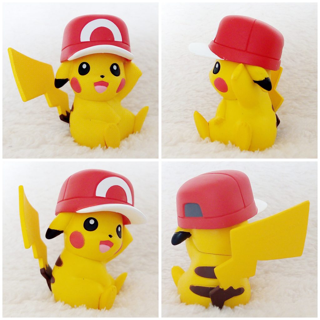 A front, left, right and back view of the Pokémon Tomy figure Pikachu with Satoshi's hat (Kalos region)