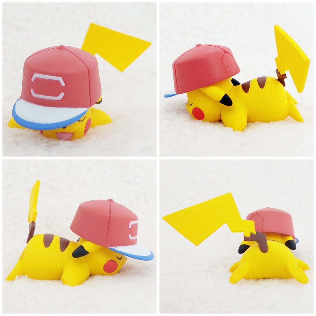 A front, left, right and back view of the Pokémon Tomy figure Pikachu sleeping with Satoshi's hat (Alola Region)