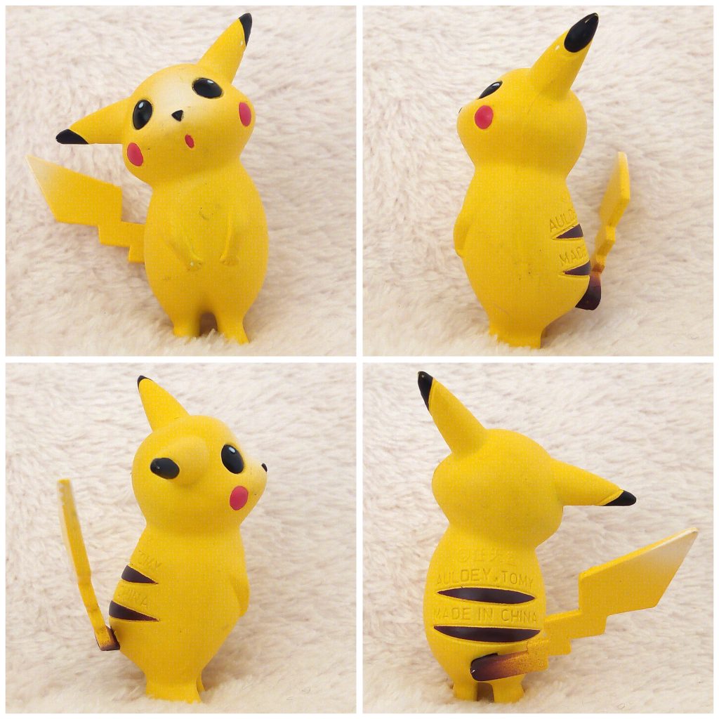A front, left, right and back view of the Pokémon Tomy figure Pikachu Curious pose