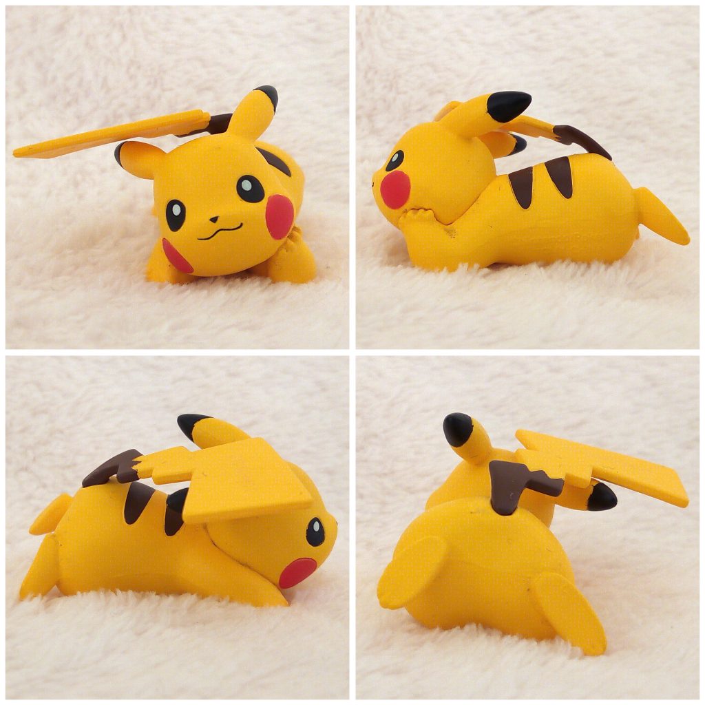 A front, left, right and back view of the Pokémon Tomy figure Pikachu Dreamy pose