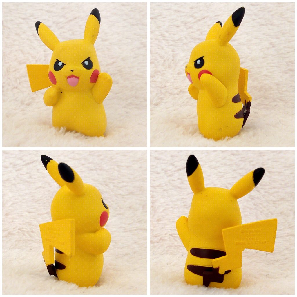 A front, left, right and back view of the Pokémon Tomy figure Pikachu Fist pump pose