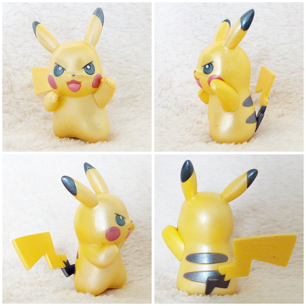 A front, left, right and back view of the Pokémon Tomy figure Pikachu Fist pump pose (pearly)
