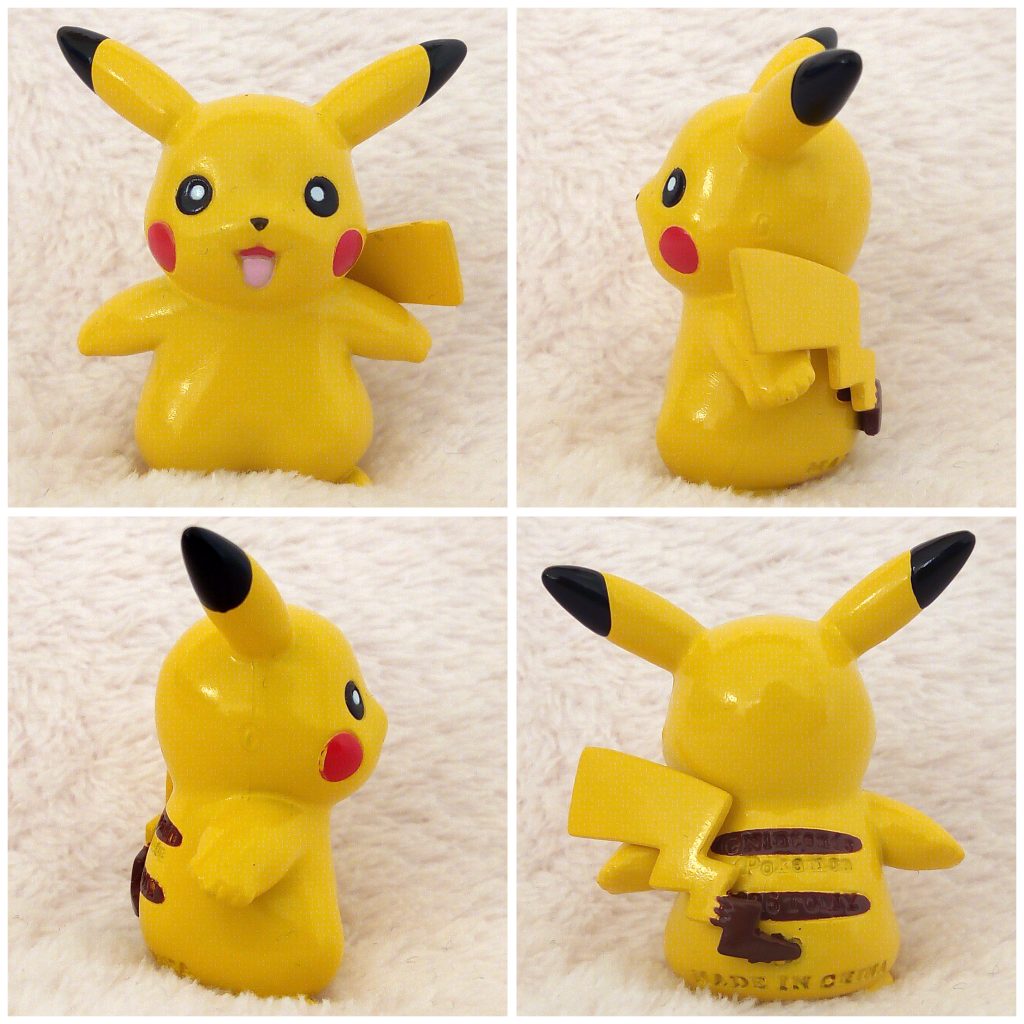 A front, left, right and back view of the Pokémon Tomy figure Pikachu Happy pose