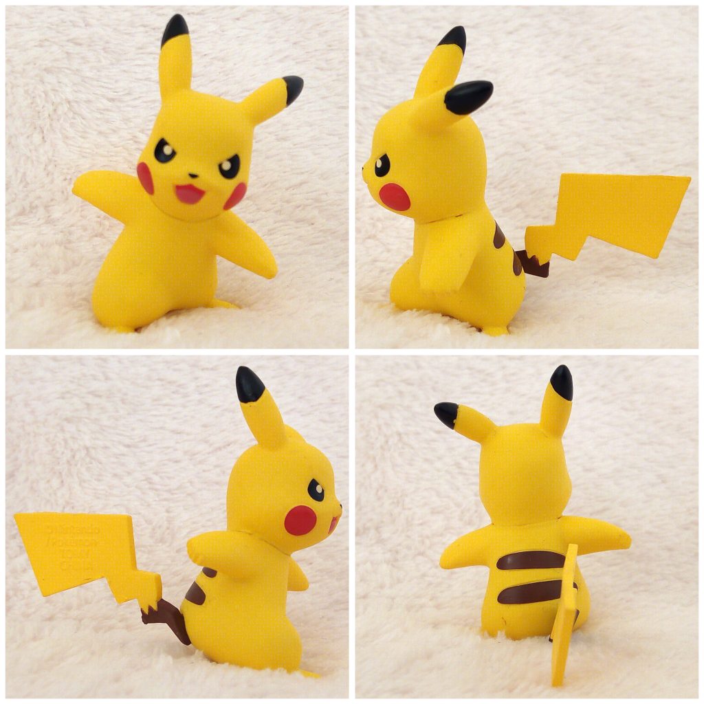A front, left, right and back view of the Pokémon Tomy figure Pikachu Battle pose alternative
