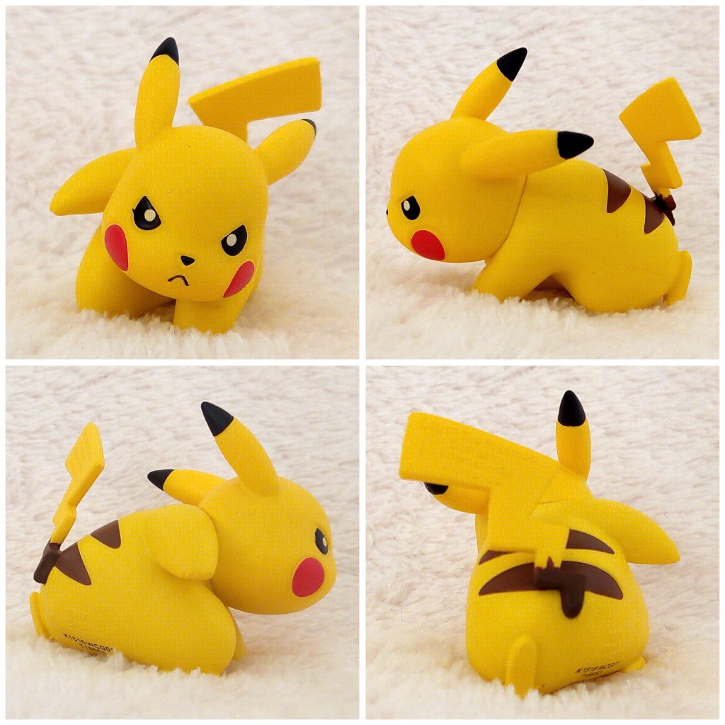 A front, left, right and back view of the Pokémon Tomy figure Pikachu Battle pose alternative 3