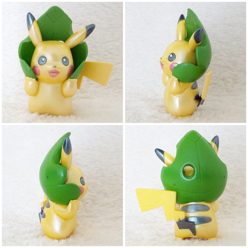 A front, left, right and back view of the Pokémon Tomy figure Pikachu with leave (pearly)