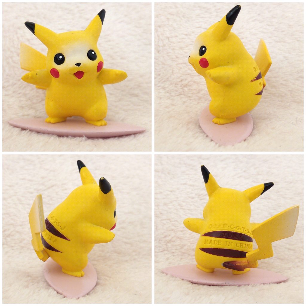 A front, left, right and back view of the Pokémon Tomy figure Pikachu Surfing