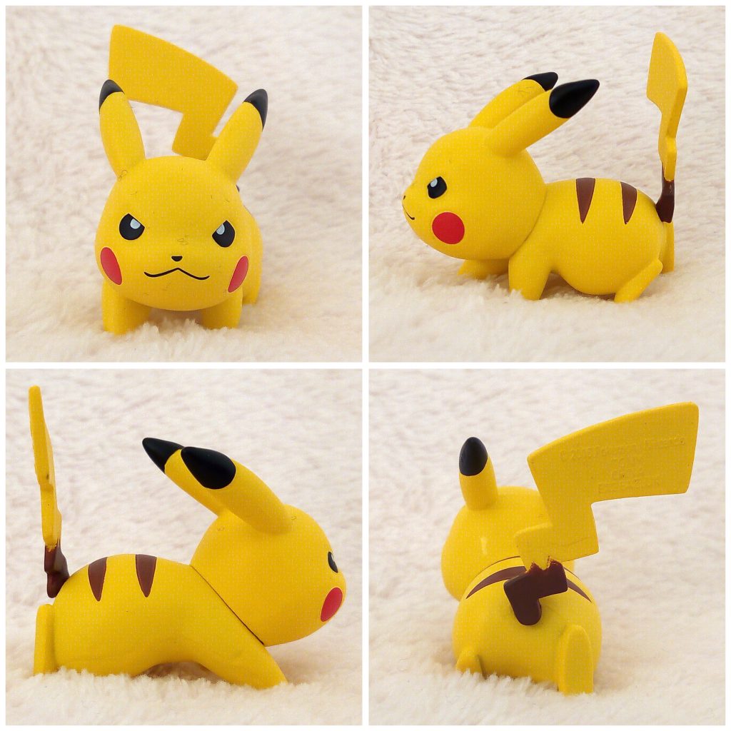 A front, left, right and back view of the Pokémon Tomy figure Pikachu Battle pose alternative 2