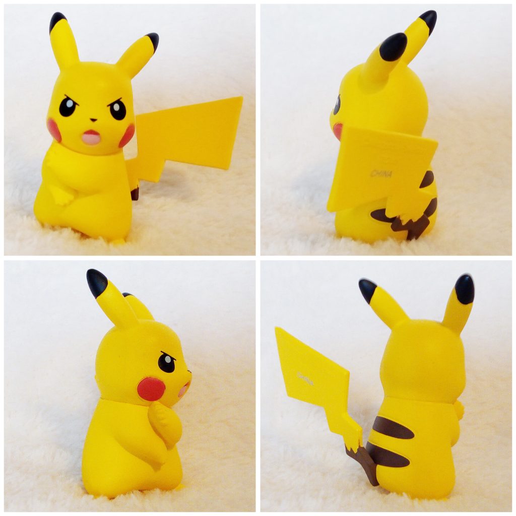 A front, left, right and back view of the Pokémon Tomy figure Pikachu Z Move