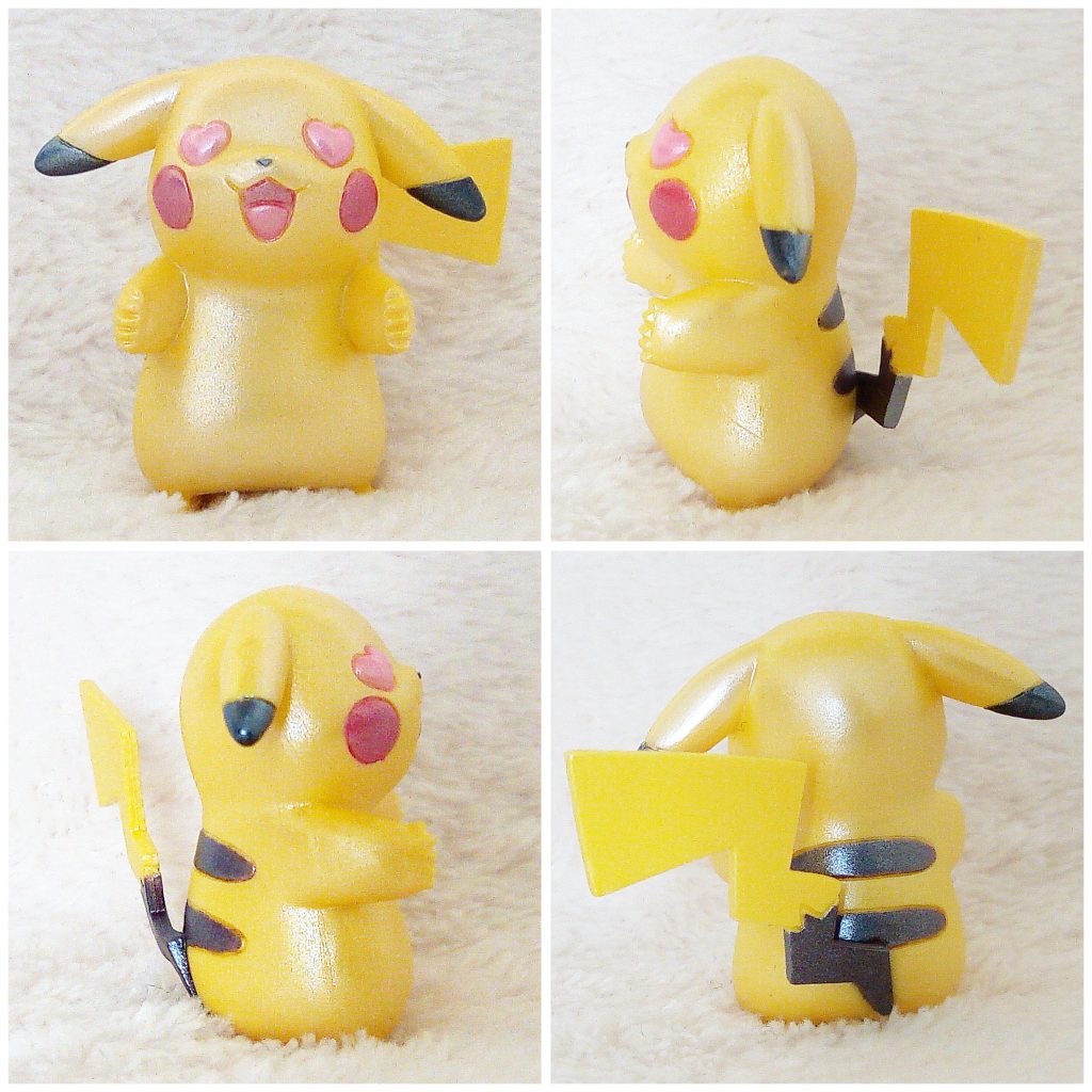 A front, left, right and back view of the Pokémon Tomy figure Pikachu in love (pearly)