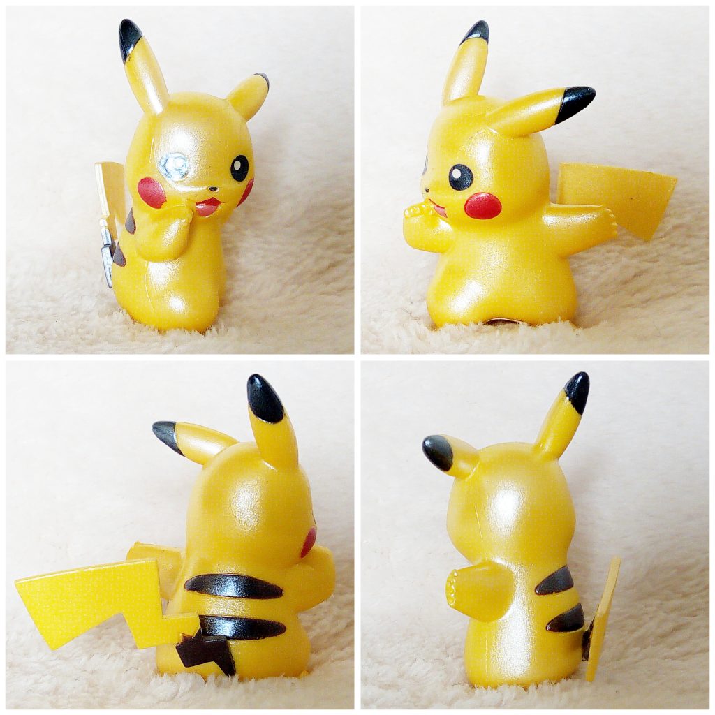 A front, left, right and back view of the Pokémon Tomy figure Pikachu Ready pose (pearly)