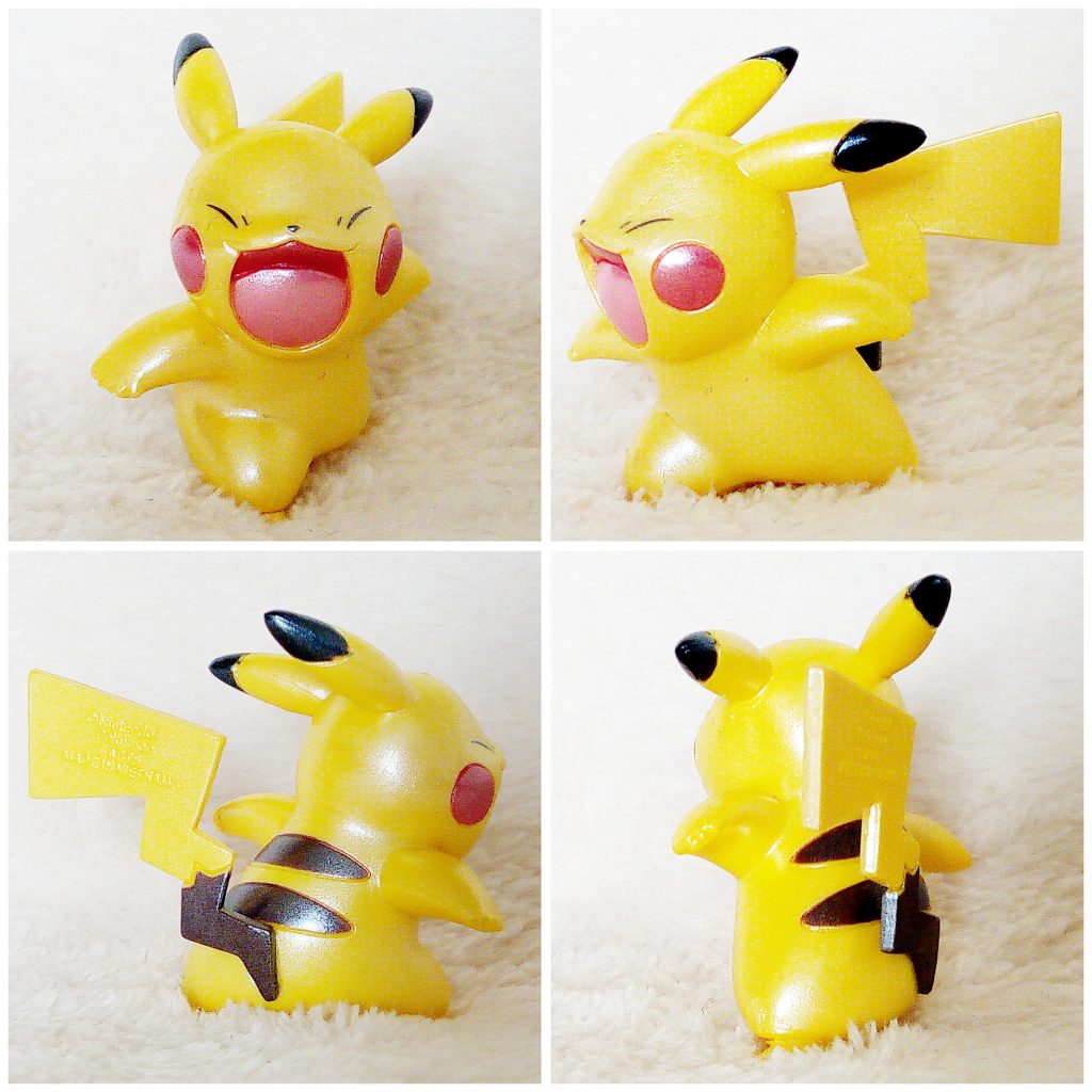 A front, left, right and back view of the Pokémon Tomy figure Pikachu Screaming (pearly)