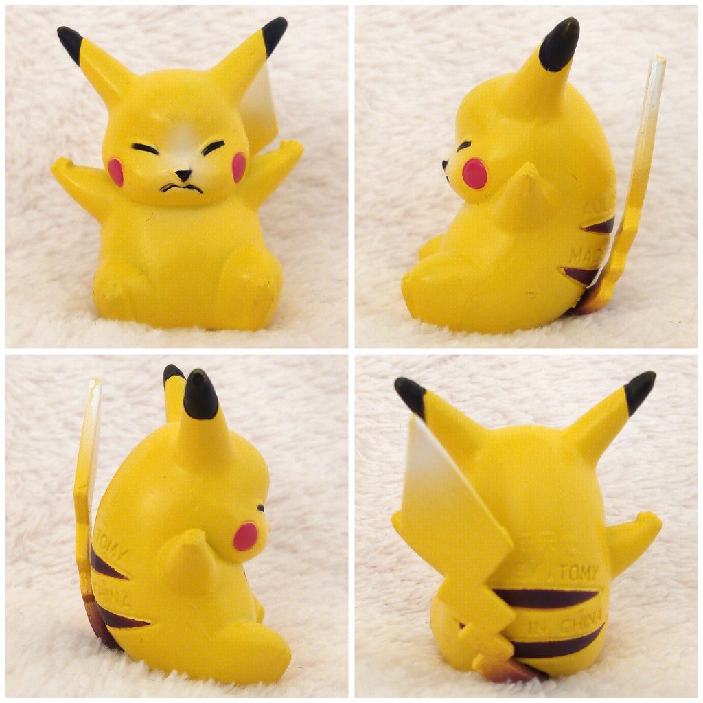 A front, left, right and back view of the Pokémon Tomy figure Pikachu Shock pose