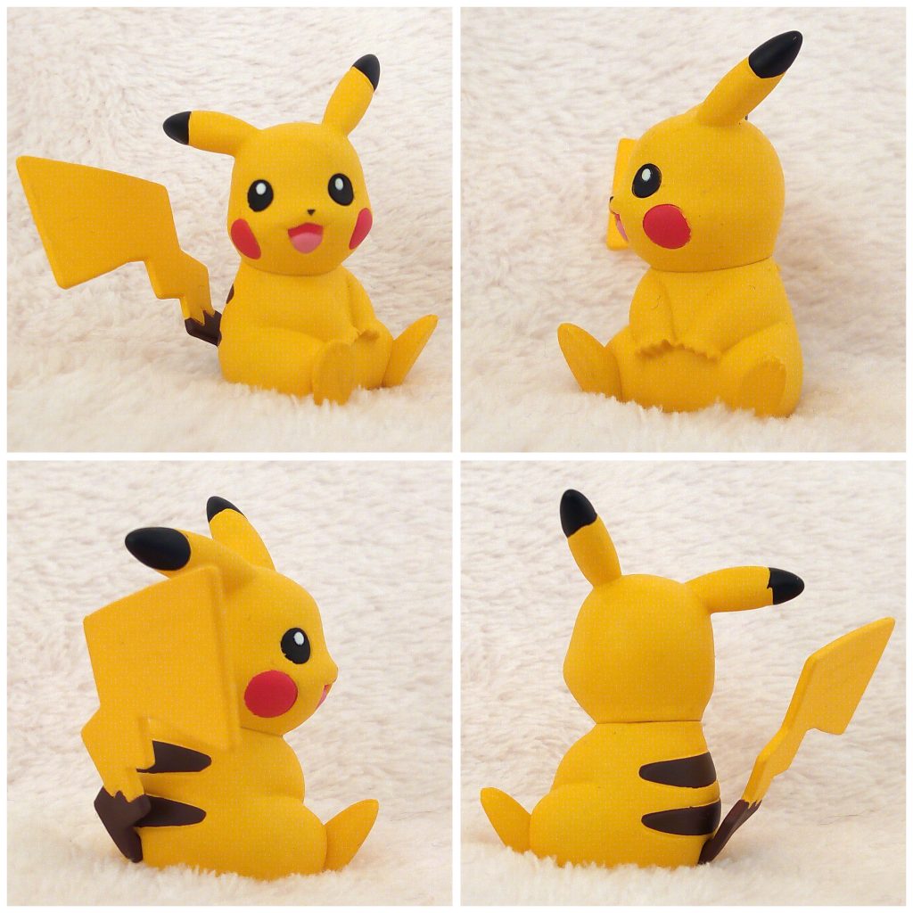 A front, left, right and back view of the Pokémon Tomy figure Pikachu Sitting