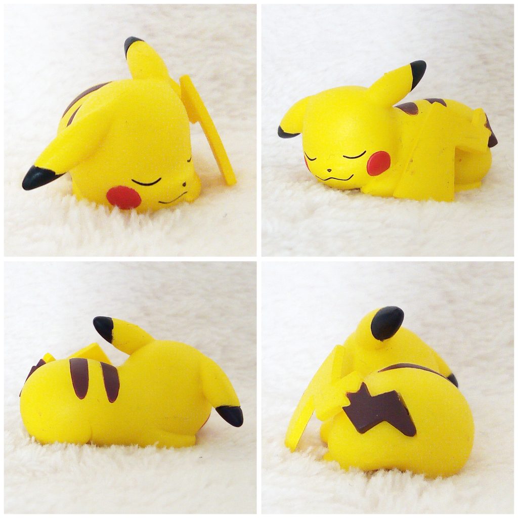A front, left, right and back view of the Pokémon Tomy figure Pikachu curled up