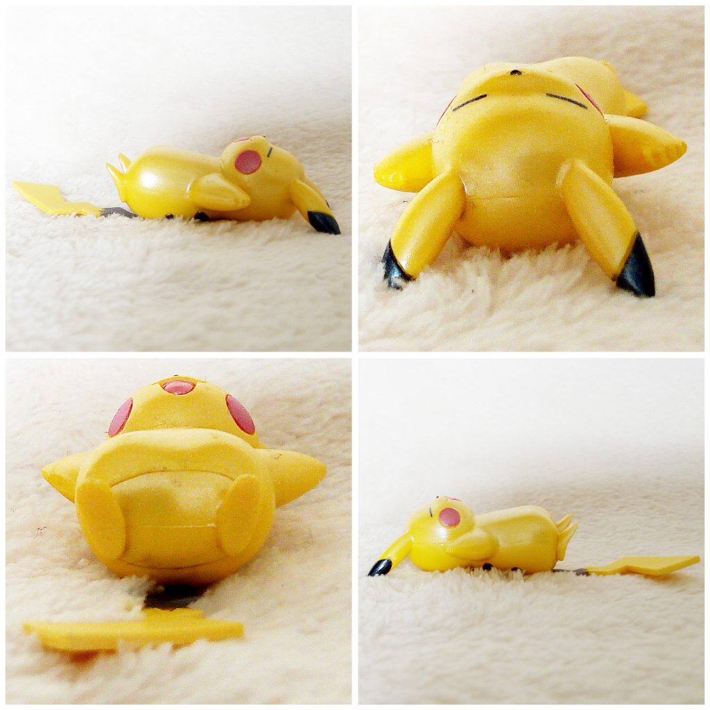A front, left, right and back view of the Pokémon Tomy figure Pikachu relaxing pose (pearly)