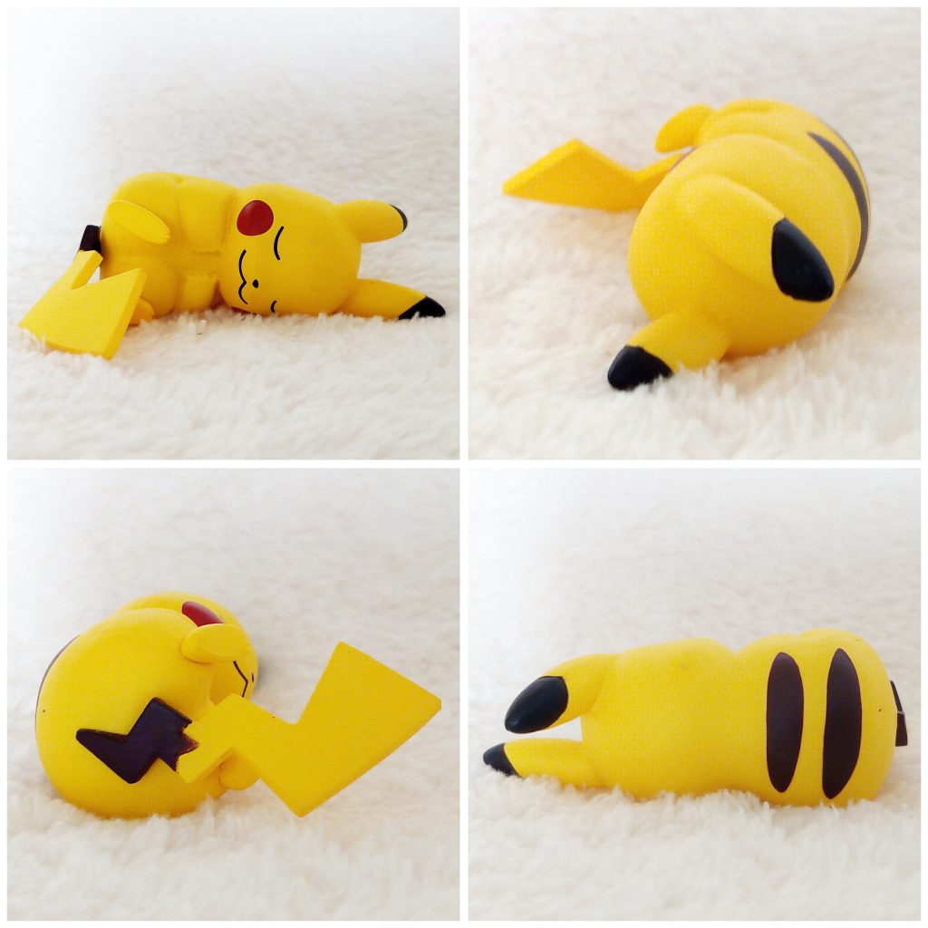 A front, left, right and back view of the Pokémon Tomy figure Pikachu Sleeping pose