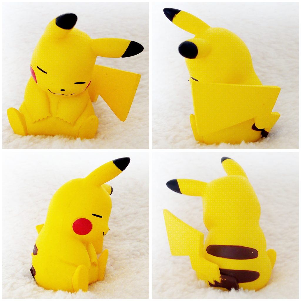 A front, left, right and back view of the Pokémon Tomy figure Pikachu Dozing