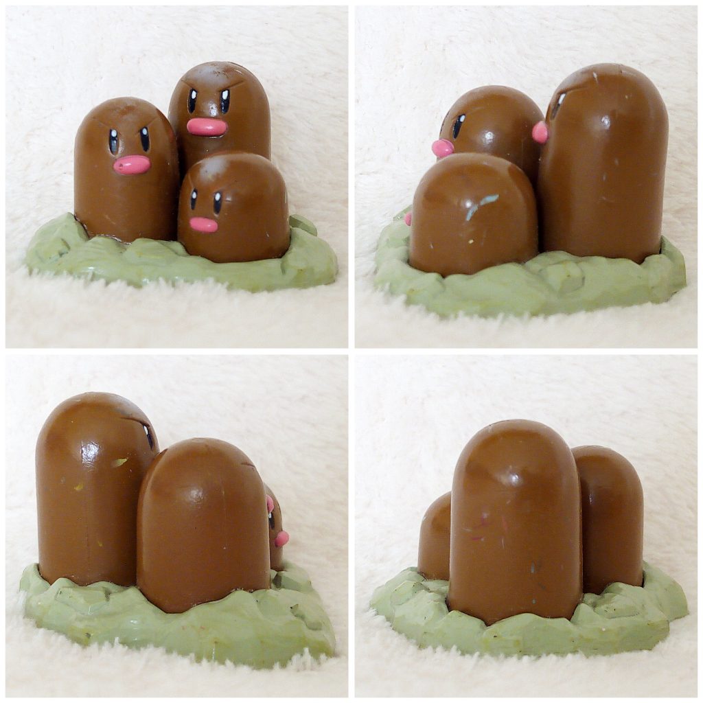 A front, left, right and back view of the Pokémon Tomy figure Dugtrio