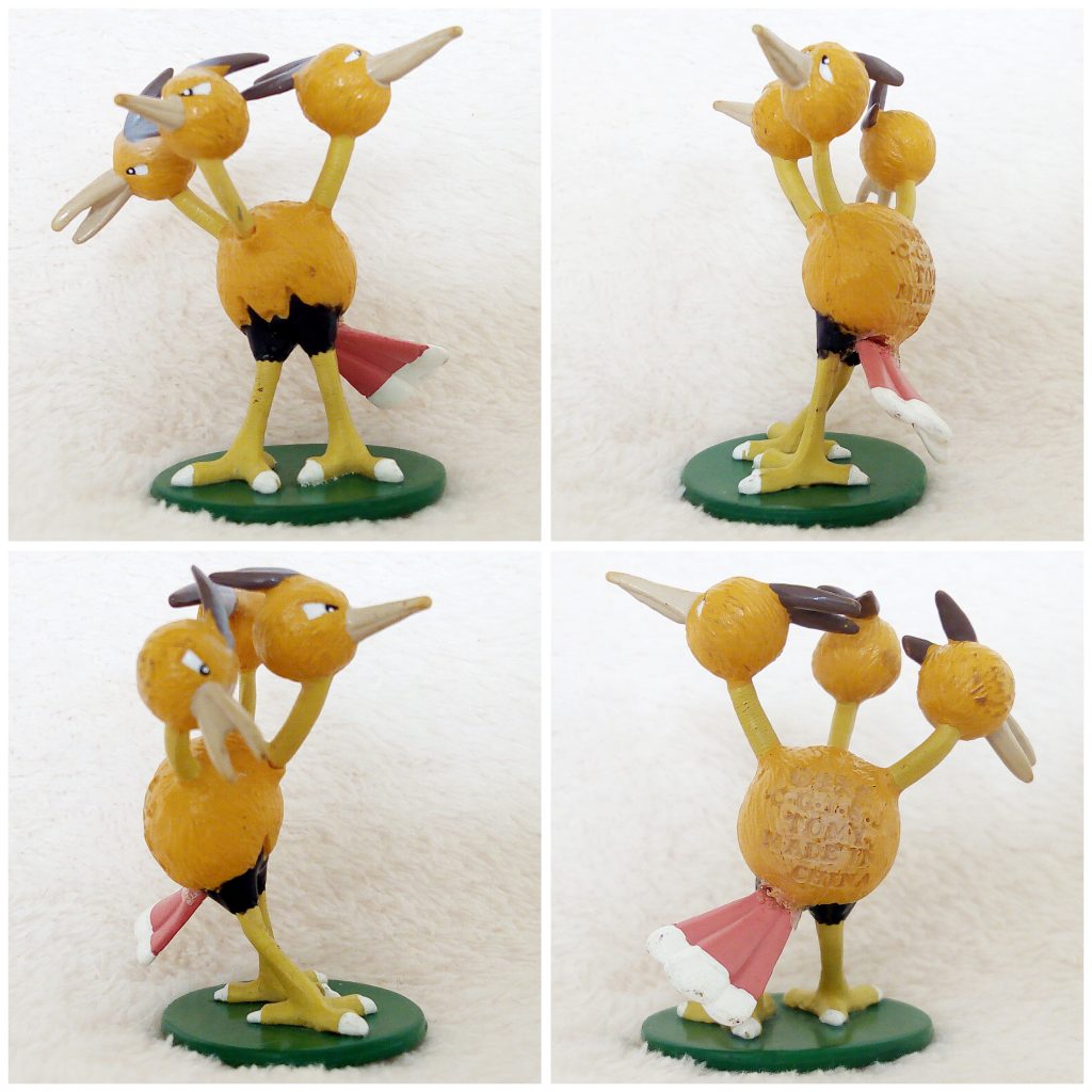 A front, left, right and back view of the Pokémon Tomy figure Dodrio