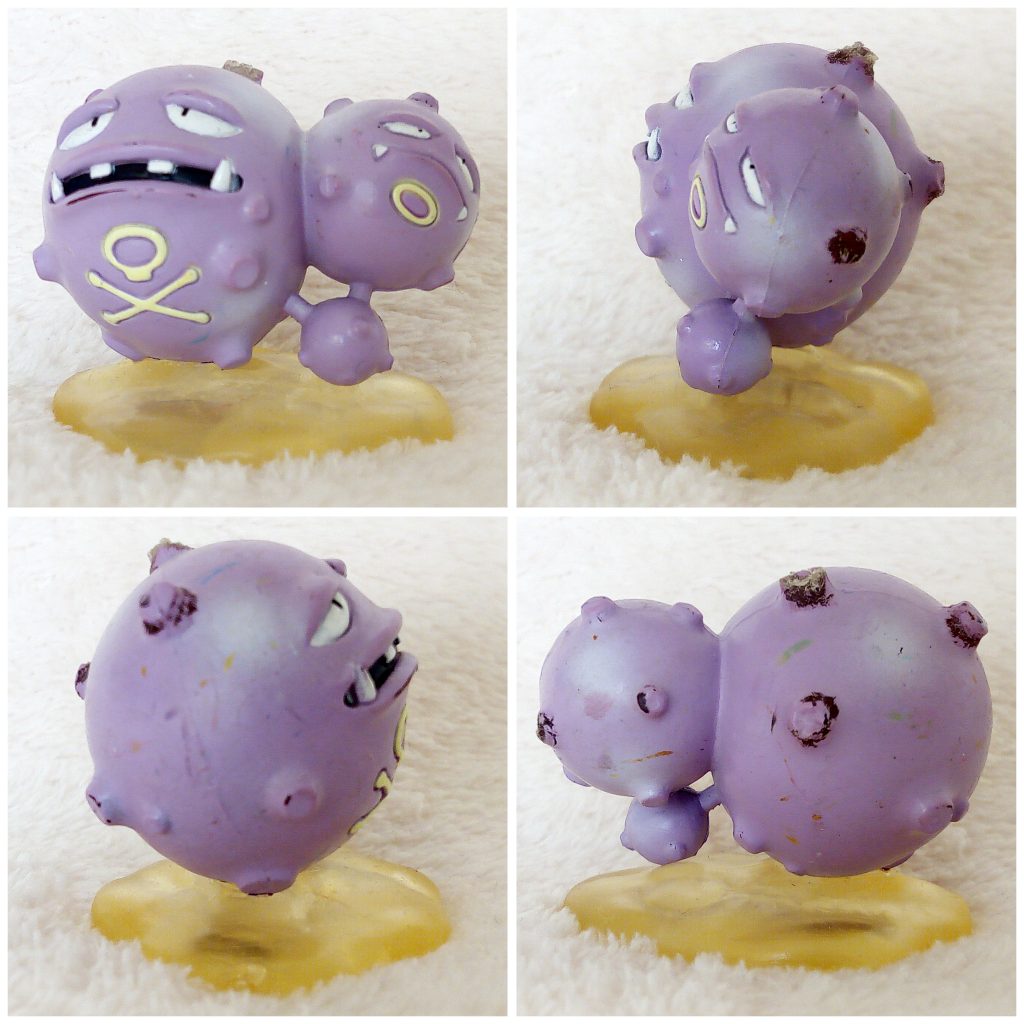 A front, left, right and back view of the Pokémon Tomy figure Weezing