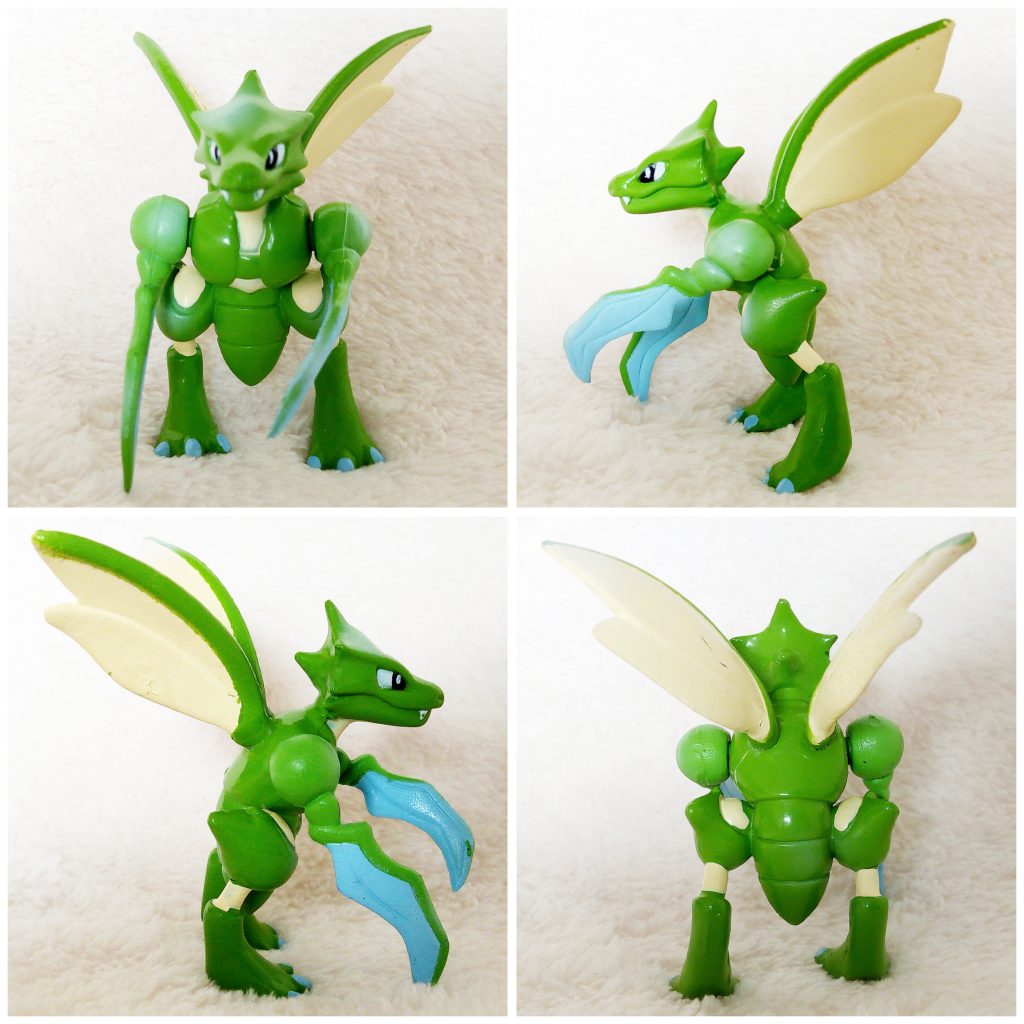 A front, left, right and back view of the Pokémon Tomy figure Scyther (Japanese)