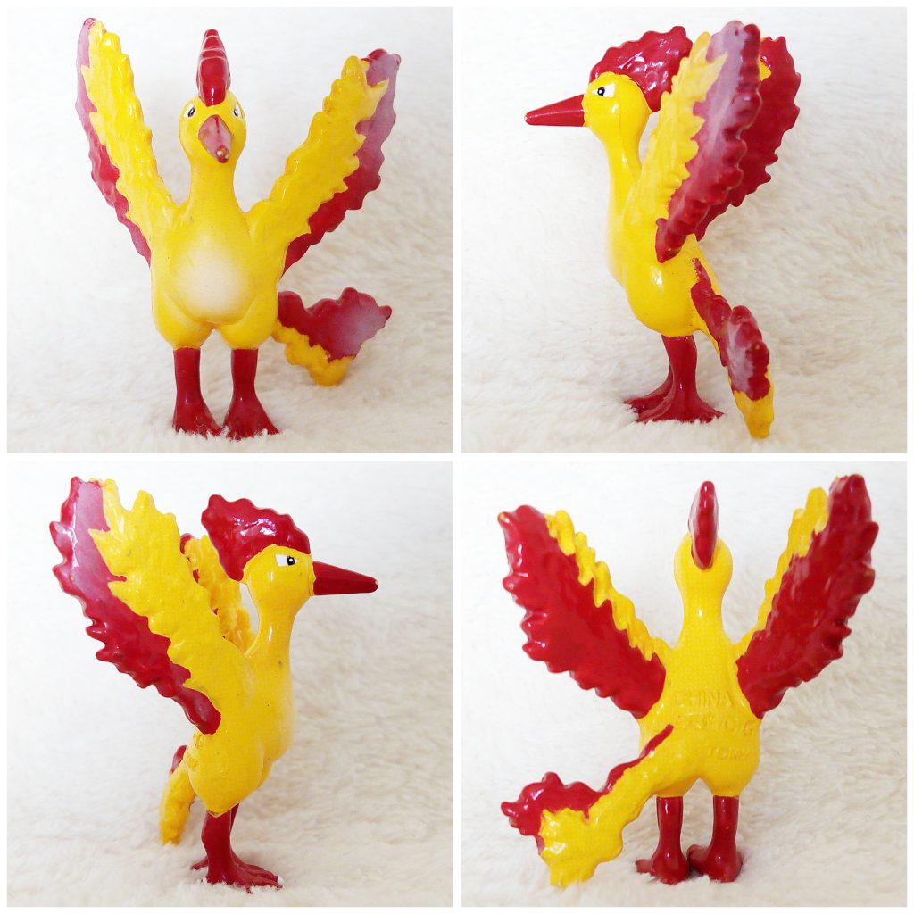 A front, left, right and back view of the Pokémon Tomy figure Moltress