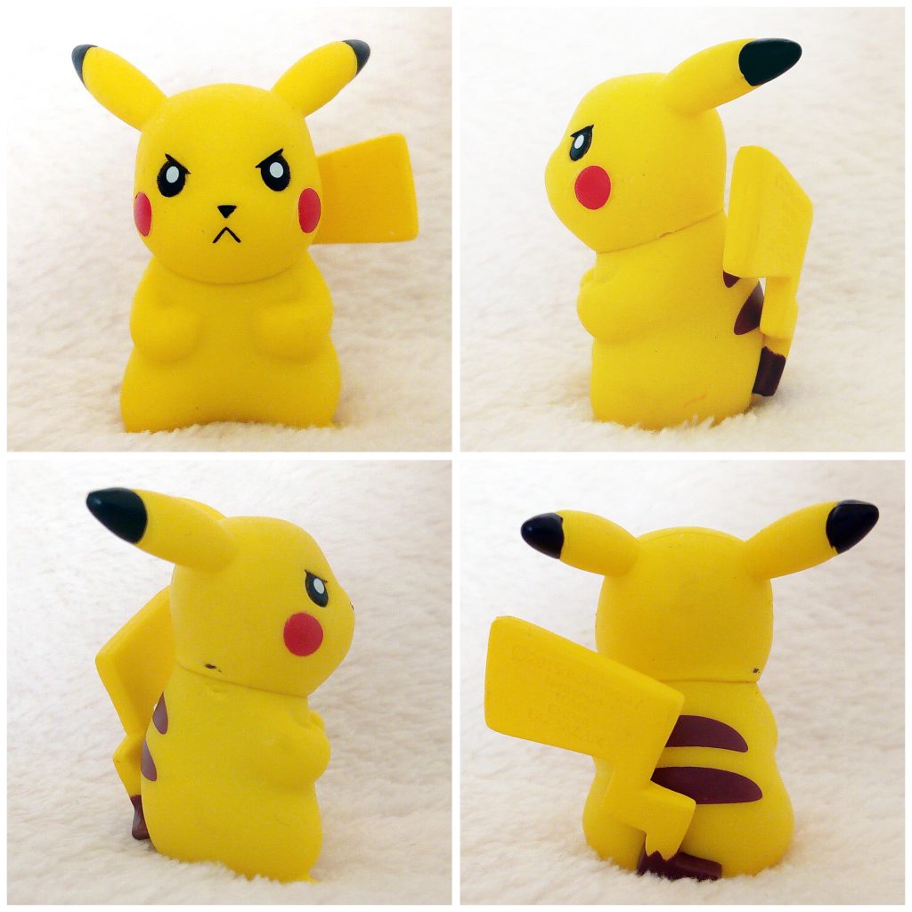 A front, left, right and back view of the Pokémon Tomy figure Pikachu Angry