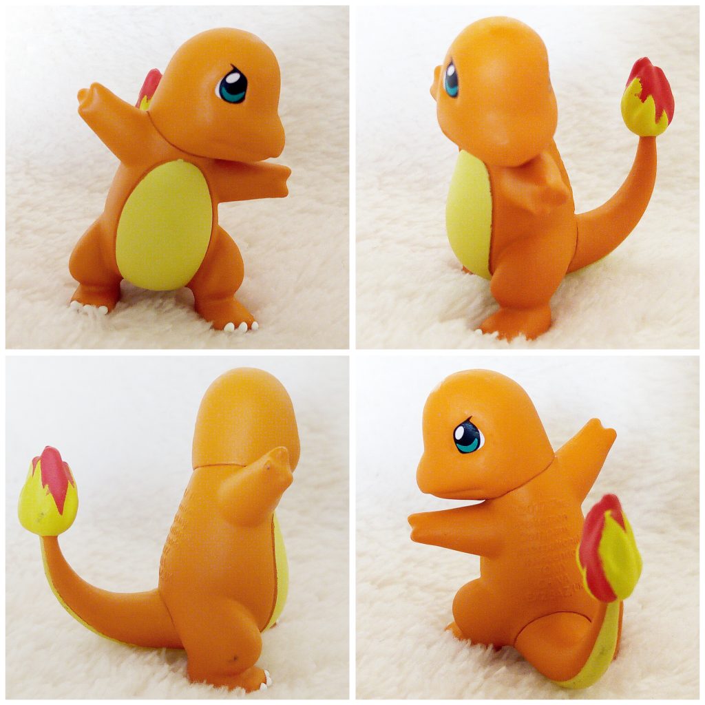 A front, left, right and back view of the Pokémon Tomy figure Charmander Battle Pose