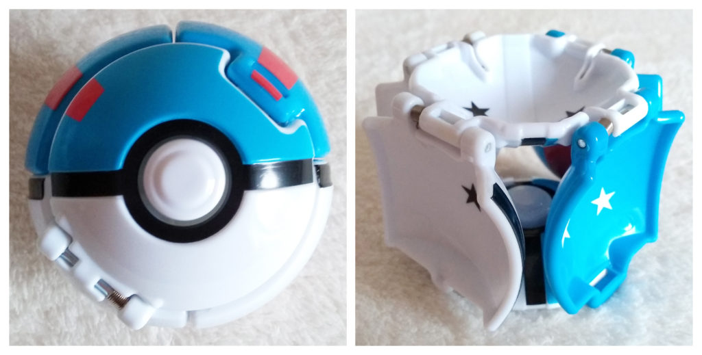 A closed and open view of the Pokémon Tomy Pokéball Great Ball Throw 'N' Pop