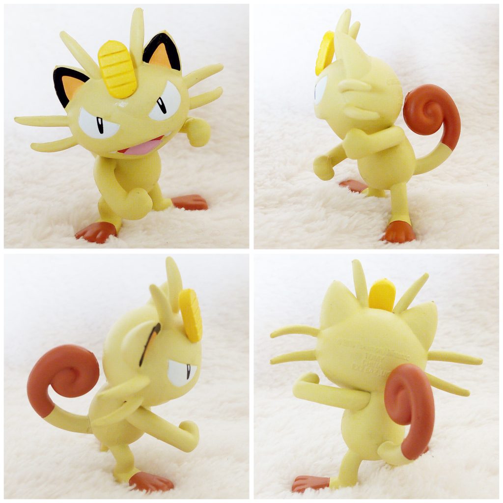 A front, left, right and back view of the Pokémon Tomy figure Meowth Battle pose
