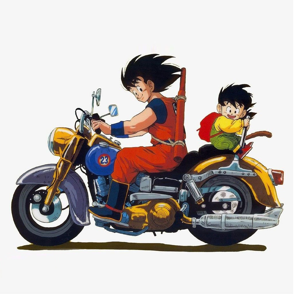 Akira Toriyama's artwork - Goku & Gohan on motorcycle
