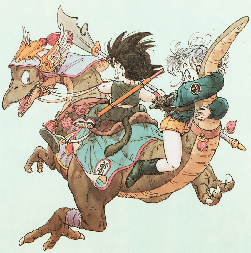 Goku and Bulma on dinosaur artwork by Akira Toriyama