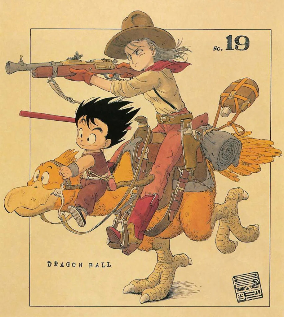 Akira Toriyama's artwork - Goku & Bulma on Dinosaur Bird