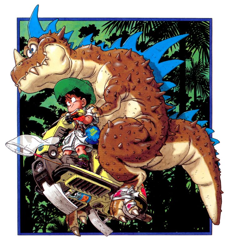 Gohan with wounded dinosaur on hover vehicle artwork by Akira Toriyama