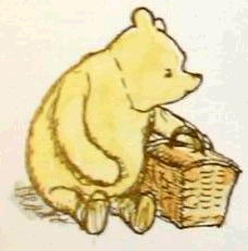 Illustration of Winnie the Pooh Bear with a picnic basket of E. H. Shepard.