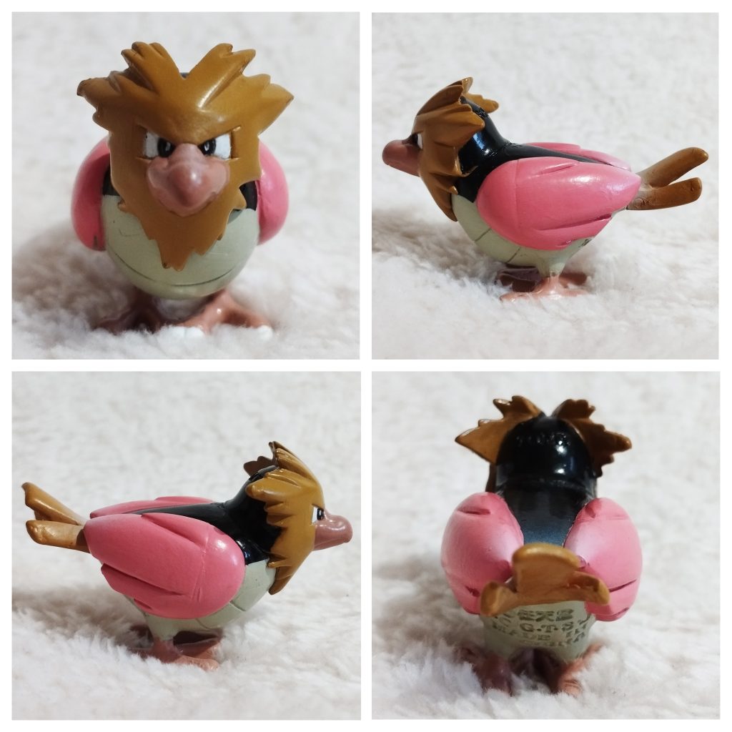 A front, left, right and back view of the Pokémon Tomy figure Spearow