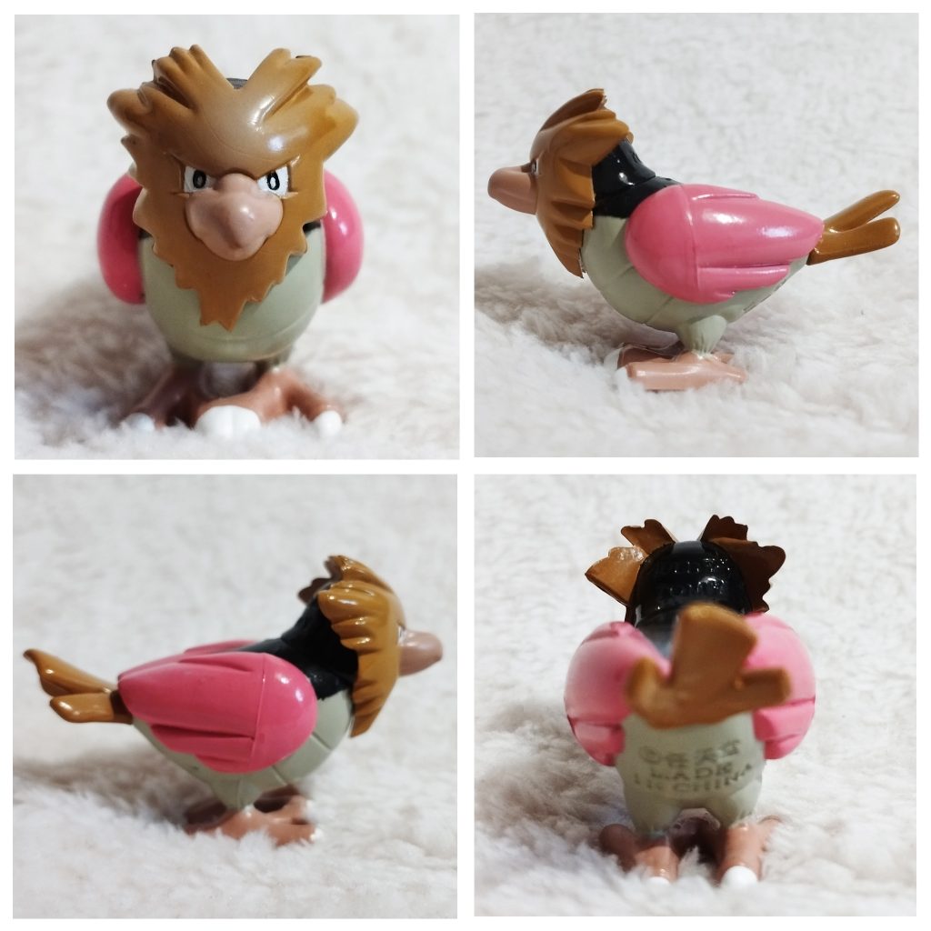 A front, left, right and back view of the Pokémon Tomy figure Spearow Audley variant