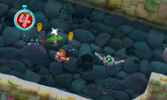 Screenshot from Yoshi's New Island (3DS), showing green Submarine Yoshi