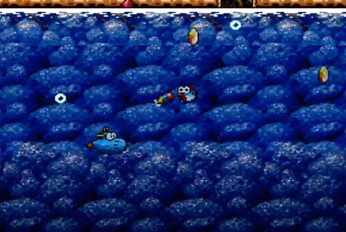 Screenshot from Yoshi's Island (SNES), showing blue Submarine Yoshi