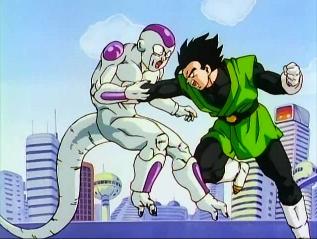 Screenshot from the film Dragon Ball Z: Fusion Reborn, Frieza getting punched by Gohan