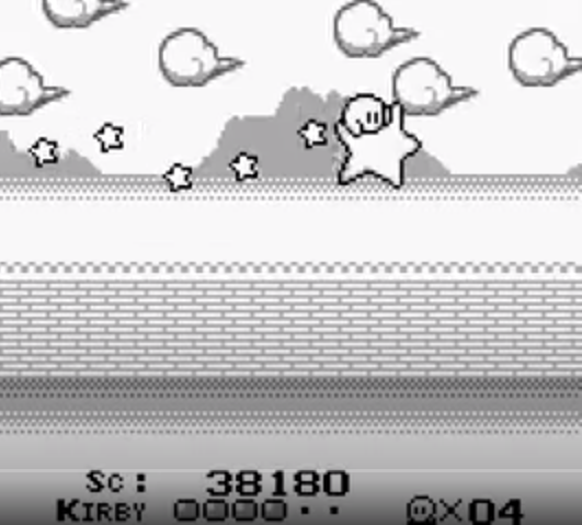 Kirby's Dreamland screenshot of Kirby on a Warp Star
