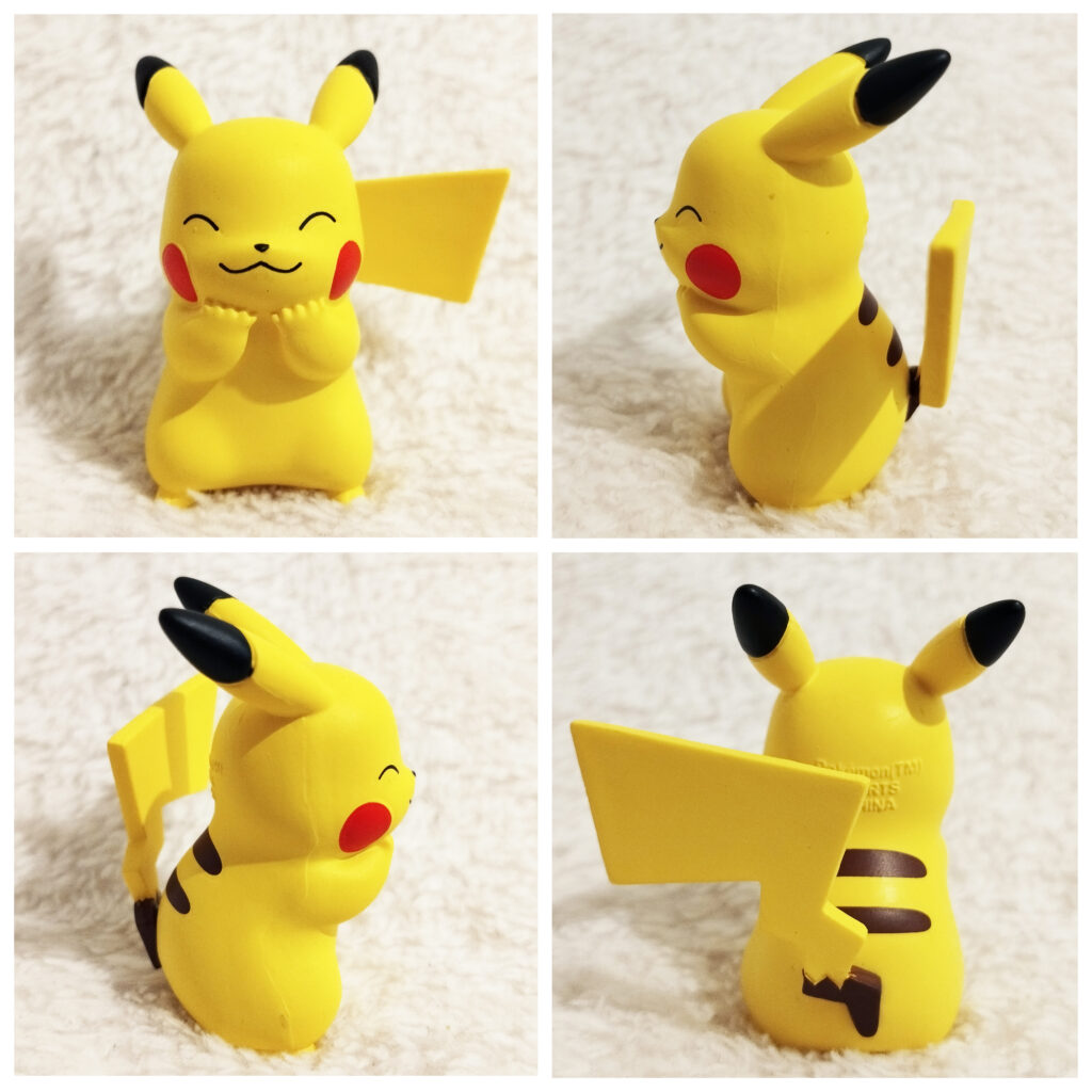 A front, left, right and back view of the Pokémon Tomy figure Pikachu "Suri Suri"