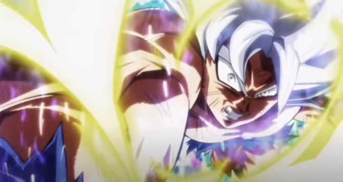 Screenshot from Dragonball Super of Goku Ultra Instinct punching Jiren