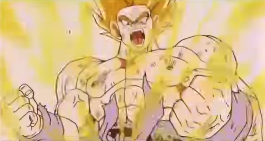 Screenshot of Dragonball Z Episode 101, where Super Saiyan Goku is reminded Krillin got murdered by Frieza after the last Namekian wish