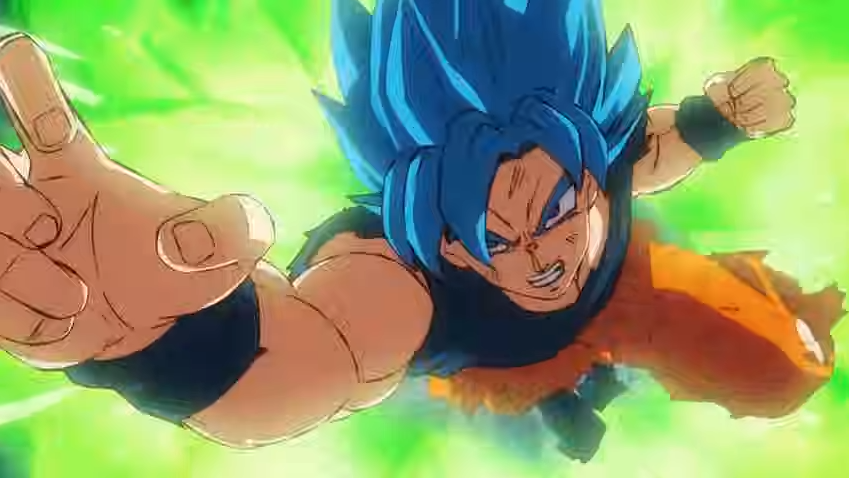 Screenshot of Dragonball Super: Broly where Goku Super Saiyan Blue fights vs Broly